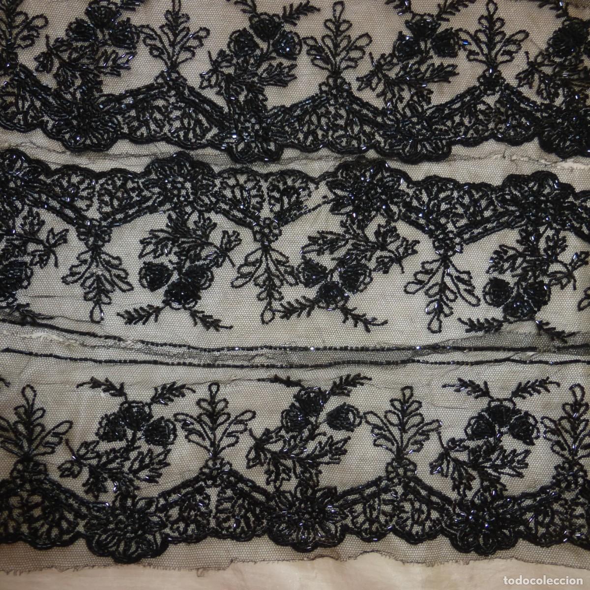 Antig&uuml;edades: ANTIGUA TIRA TUL BORDADO ENCAJE DE CRISTAL AZABACHE INDUMENTARIA S. XIX VICTORIAN MOURNING LACE
