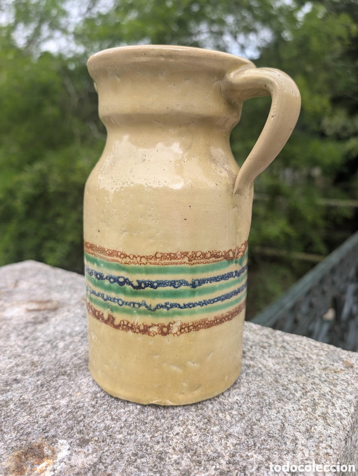 Antig&uuml;edades: Gran jarra de cer&aacute;mica popular antigua - 30 cm / +1 Litro - Decoraci&oacute;n bandas conc&eacute;ntricas - S. XIX/