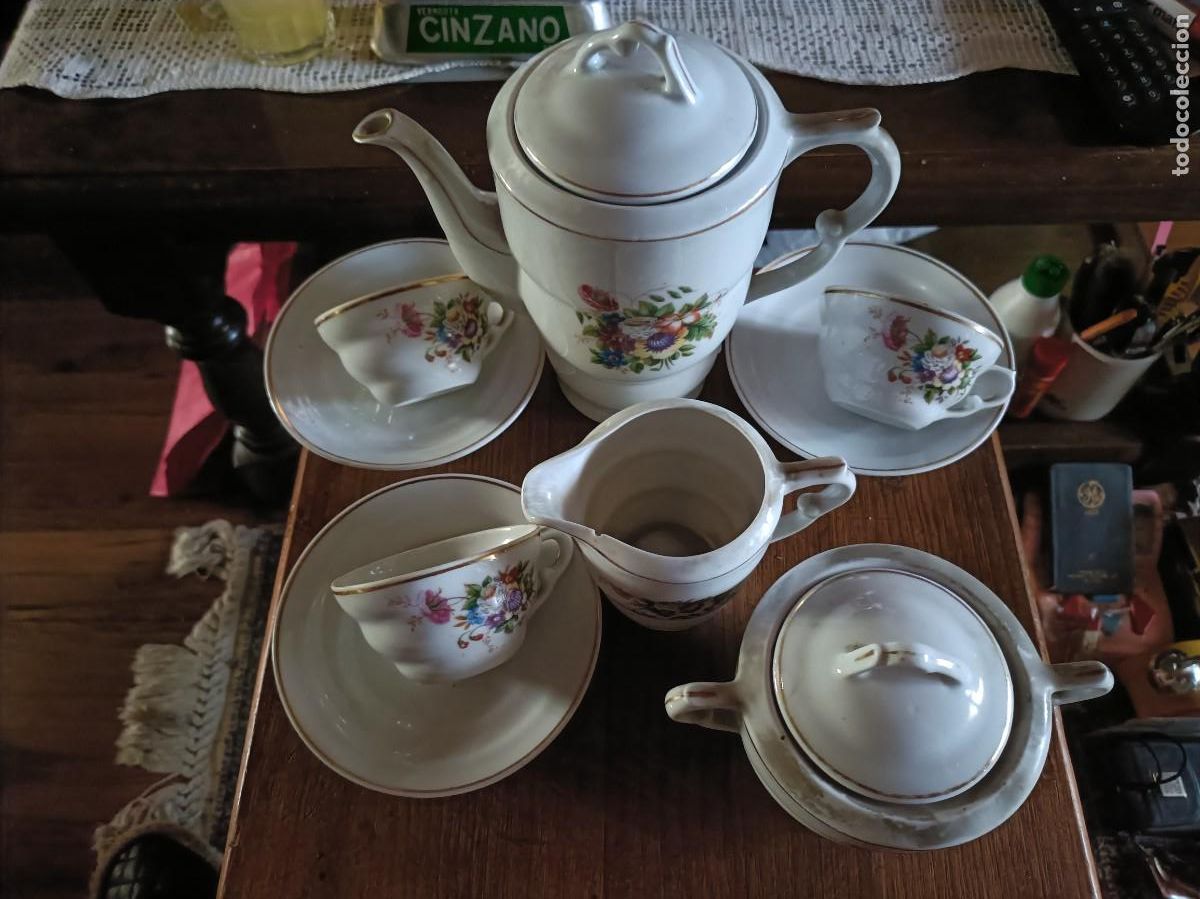Antig&uuml;edades: JUEGO DE CAF&Eacute; SANTA CLARA - 3 TAZAS Y 3 PLATOS + CAFETERA + AZUCARERO + LECHERA