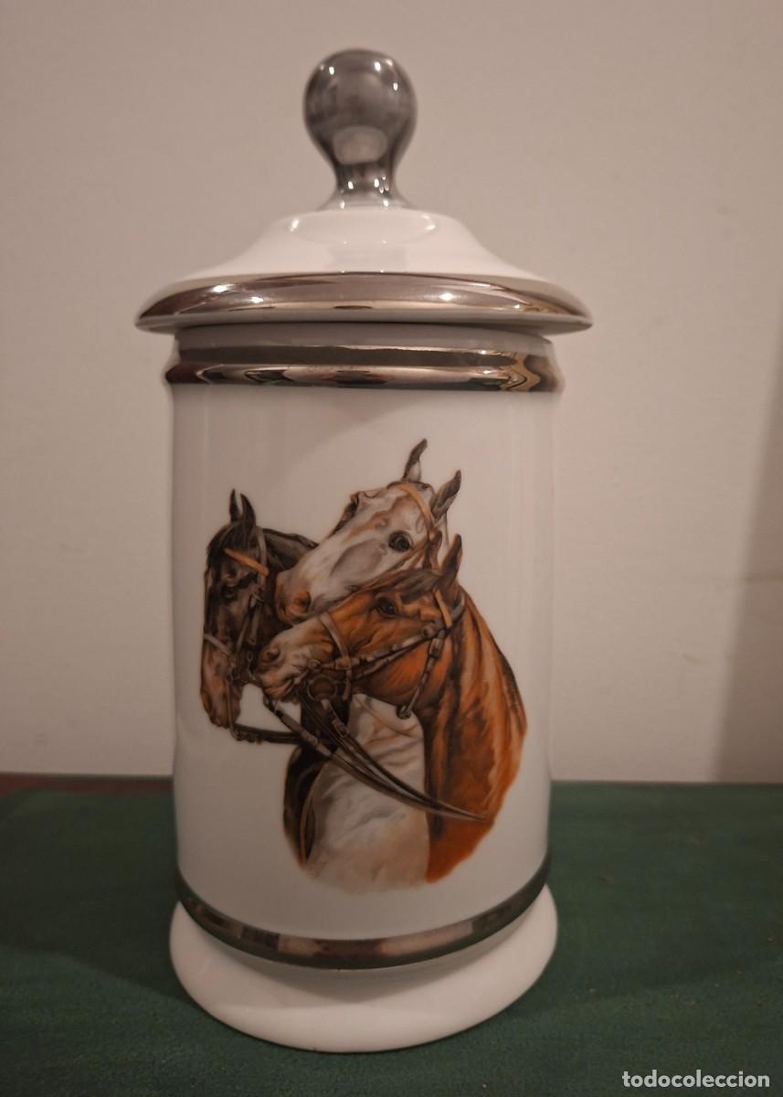 Antig&uuml;edades: Tarro porcelana Limoges vintage caballos &ndash; bote decorativo grande tipo albarelo con tapa