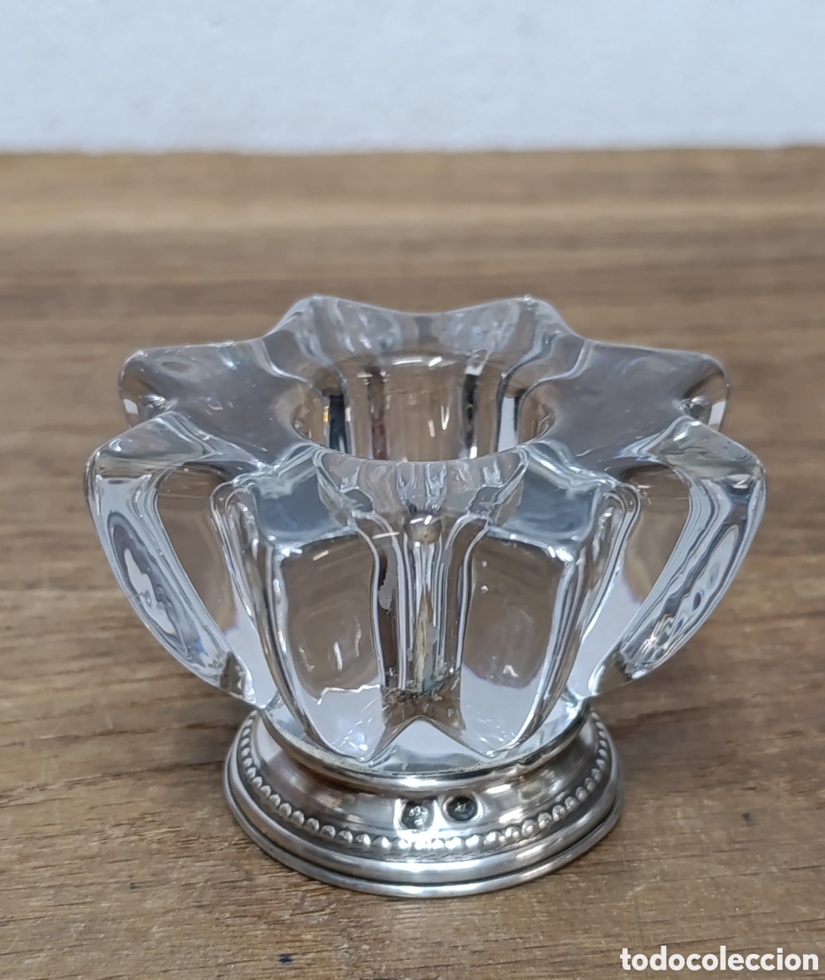 Antig&uuml;edades: MUY BONITO PORTAVELAS DE CRISTAL EMPLOMADO Y PIE DE PLATA DE LEY, CONTRASTE ESTRELLA.