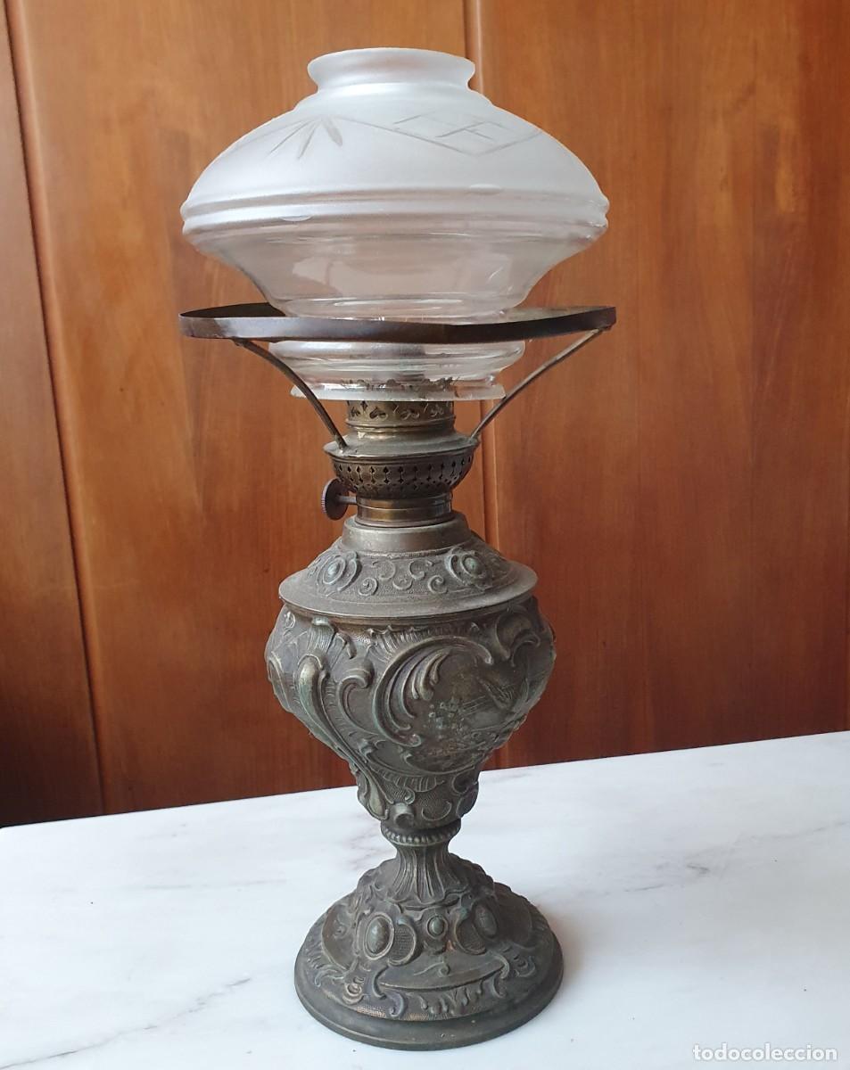 Antig&uuml;edades: Quinqu&eacute; de Queroseno S. XIX &rdquo;Kosmos Brenner&rdquo;-Neorrococ&oacute; / Art Nouveau Vidrio Grabado al &Aacute;cido