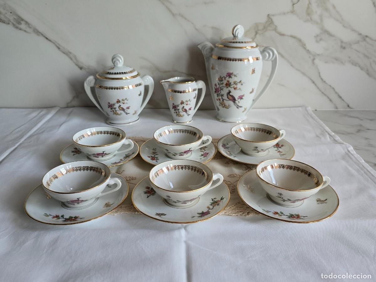 Antig&uuml;edades: Juego de caf&eacute; porcelana Limoges &rdquo;La Porcelaine Limousine&rdquo; P.L. France. Motivo fais&aacute;n y flores.