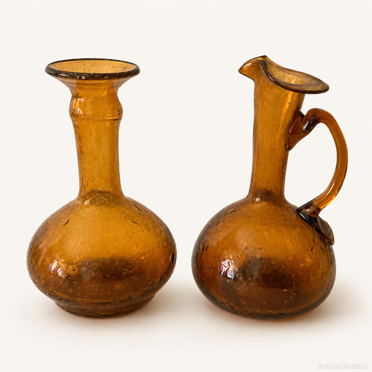 Antig&uuml;edades: Lote de mini jarrones de vidrio &aacute;mbar vintage soplado decoraci&oacute;n retro a&ntilde;os 60-70