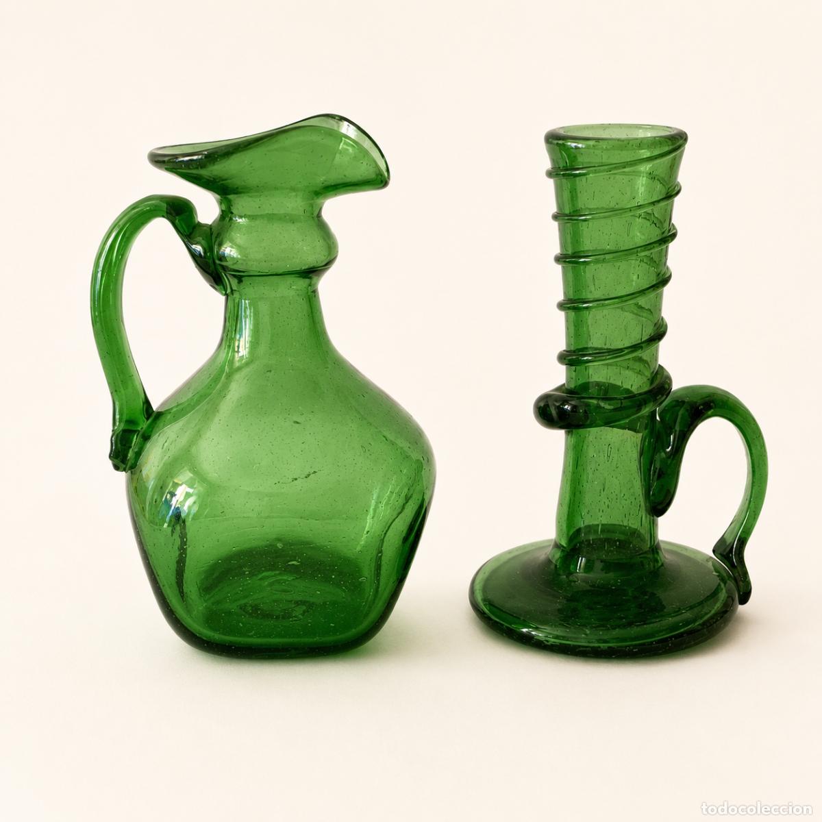 Antig&uuml;edades: Lote mini jarrones vidrio verde vintage soplado decoraci&oacute;n retro a&ntilde;os 60-70