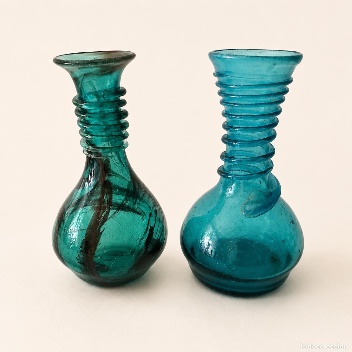 Antig&uuml;edades: Lote mini jarrones vidrio turquesa vintage soplado retro a&ntilde;os 60-70 decoraci&oacute;n Mid Century