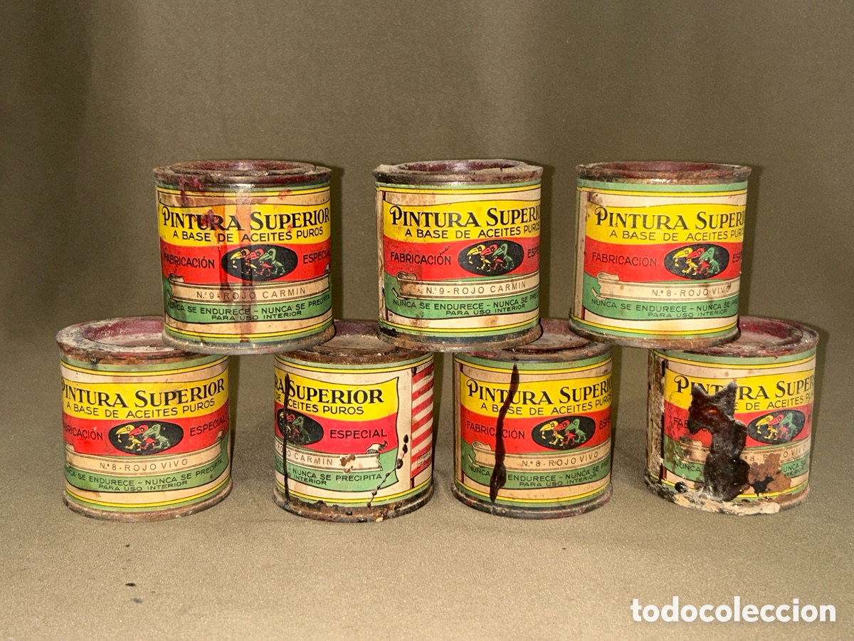 Antig&uuml;edades: LOTE DE 7 BOTES, LATAS DE PINTURA SUPERIOR A BASE DE ACEITES PUROS *LLENOS,SIN ABRIR*