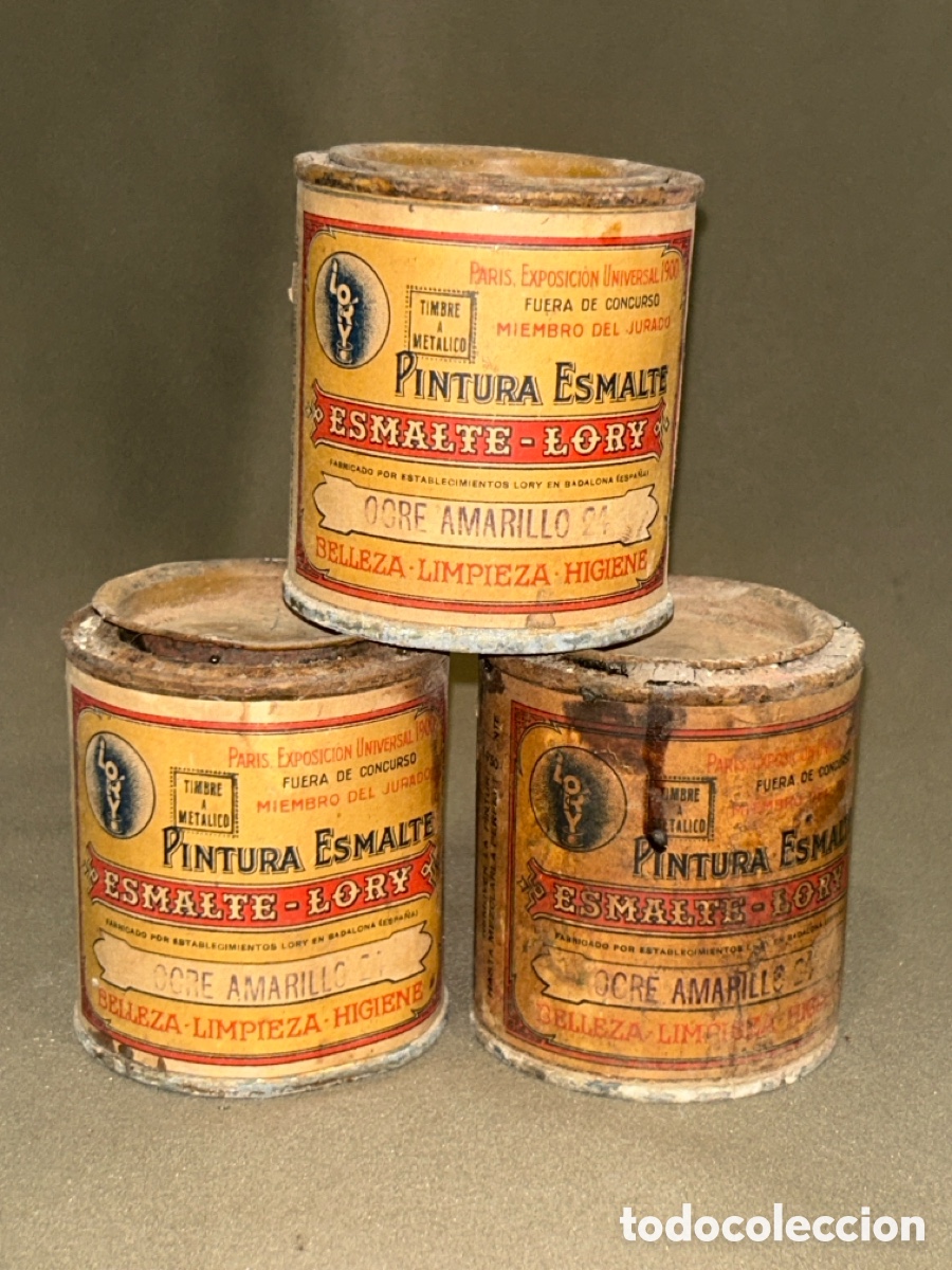 Antig&uuml;edades: LOTE DE 3 BOTES, LATAS DE PINTURA ESMALTW-LORY *SIN ABRIR, LLENAS*