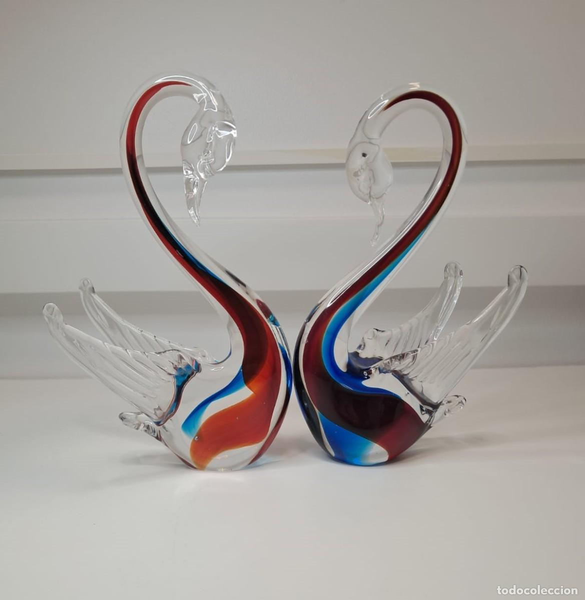 Antig&uuml;edades: Pareja de Cisnes en Cristal de Murano Aut&eacute;ntico - Venecia 1994 - Adornos Vintage 21 cm
