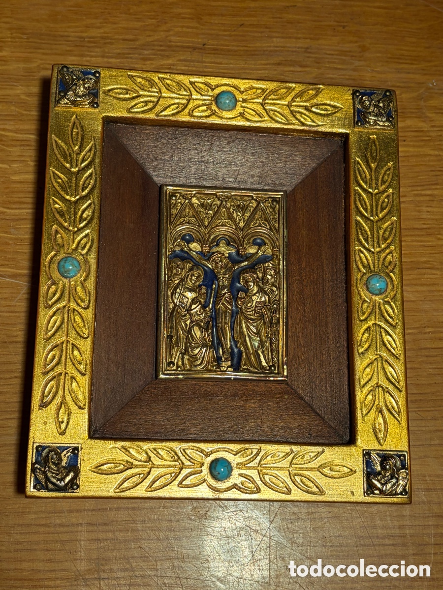 Antig&uuml;edades: Placa enmarcada de bronce y esmalte Modest Morat&oacute; siglo XX