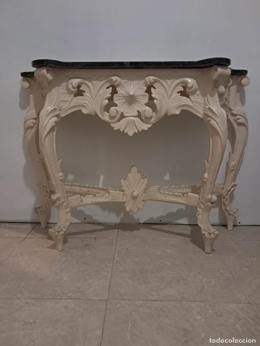 Antig&uuml;edades: Antigua Consola Mesa Recibidor Estilo Luis XV - M&aacute;rmol Negro y Madera Tallada - S&Oacute;LO JEREZ