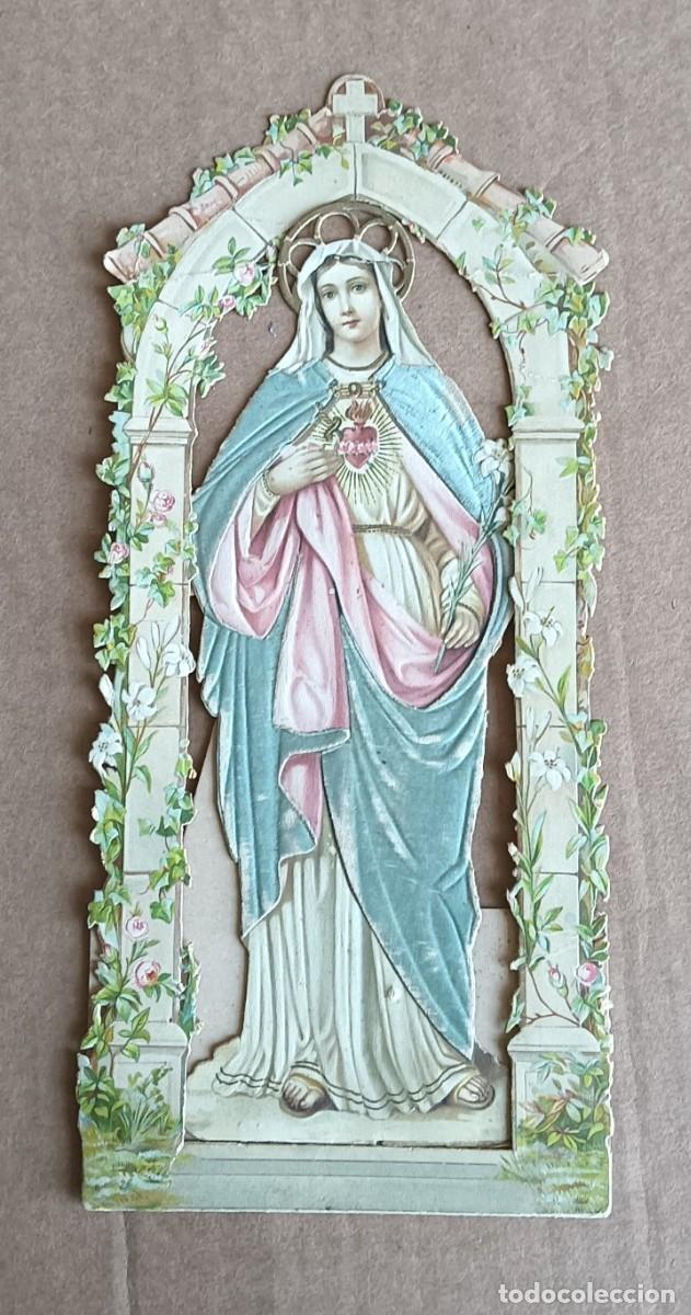 Antig&uuml;edades: Estampa troquelada religiosa antigua Sagrado Coraz&oacute;n de Mar&iacute;a o Virgen del Sagrado Gran tama&ntilde;o