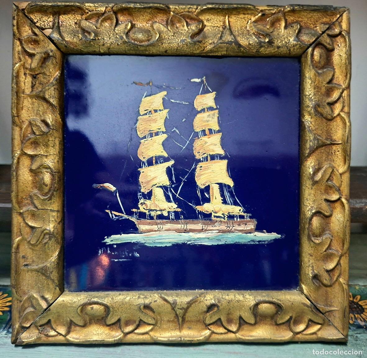 Antig&uuml;edades: Cuadro Azulejo vintage pintado a mano, firmado y enmarcado | Decoraci&oacute;n marinera cer&aacute;mica esmaltada