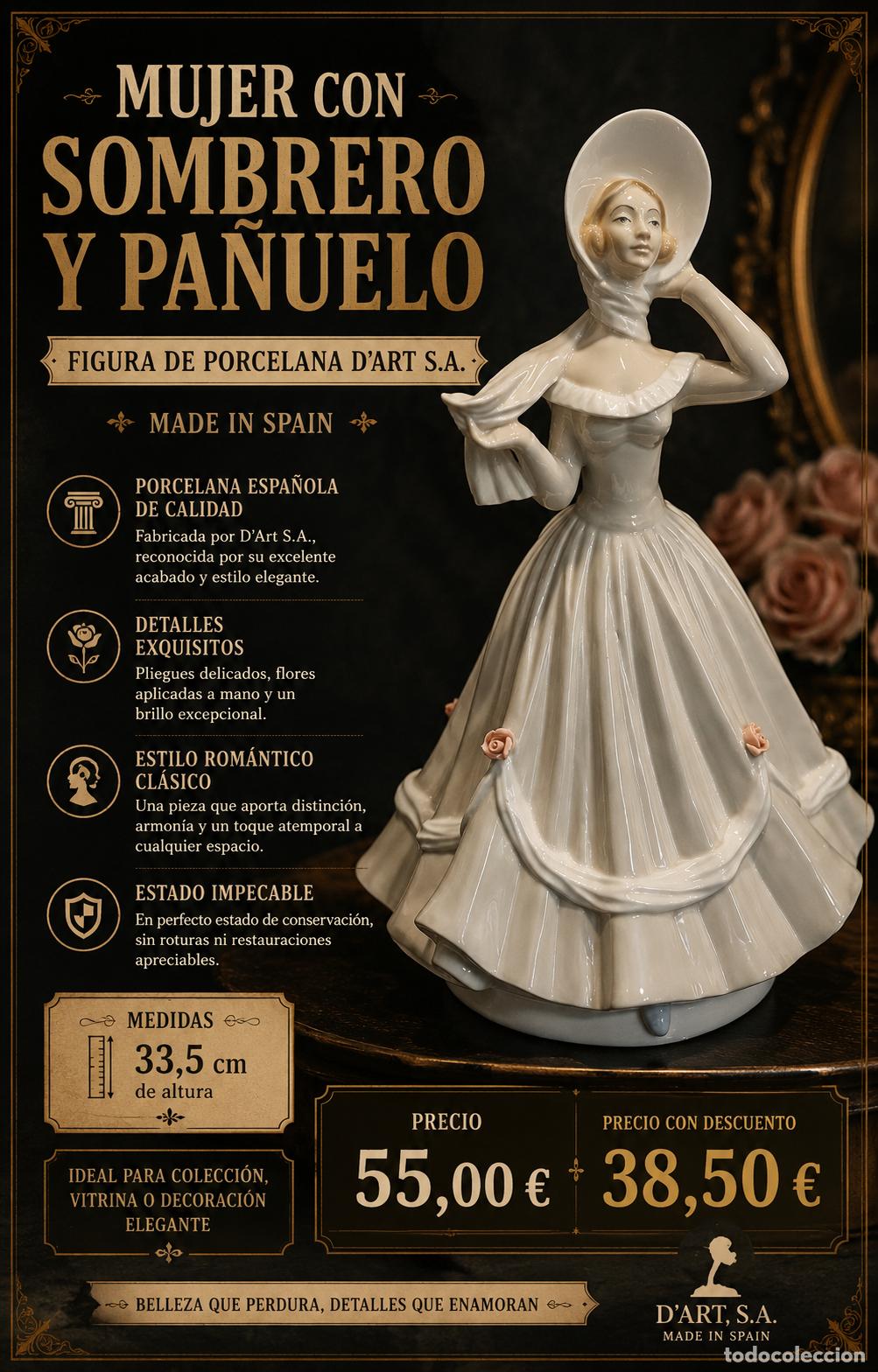 Antig&uuml;edades: &lsquo;MUJER CON SOMBRERO Y PA&Ntilde;UELO&rsquo; | FIGURA DE PORCELANA D&rsquo;ART S.A. | SPAIN | 33,5 CM | PERFECTA