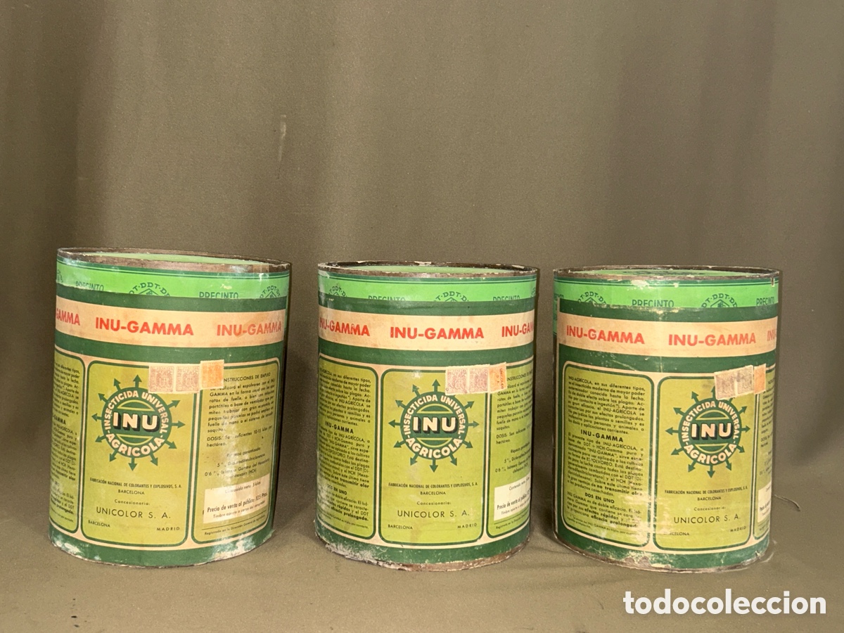 Antig&uuml;edades: LOTE DE 3 CAJAS, BOTES INSECTICIDA AGR&Iacute;COLA INU 26&rsquo;5 CM X 21 CM *LLENOS* *VER FOTOS*