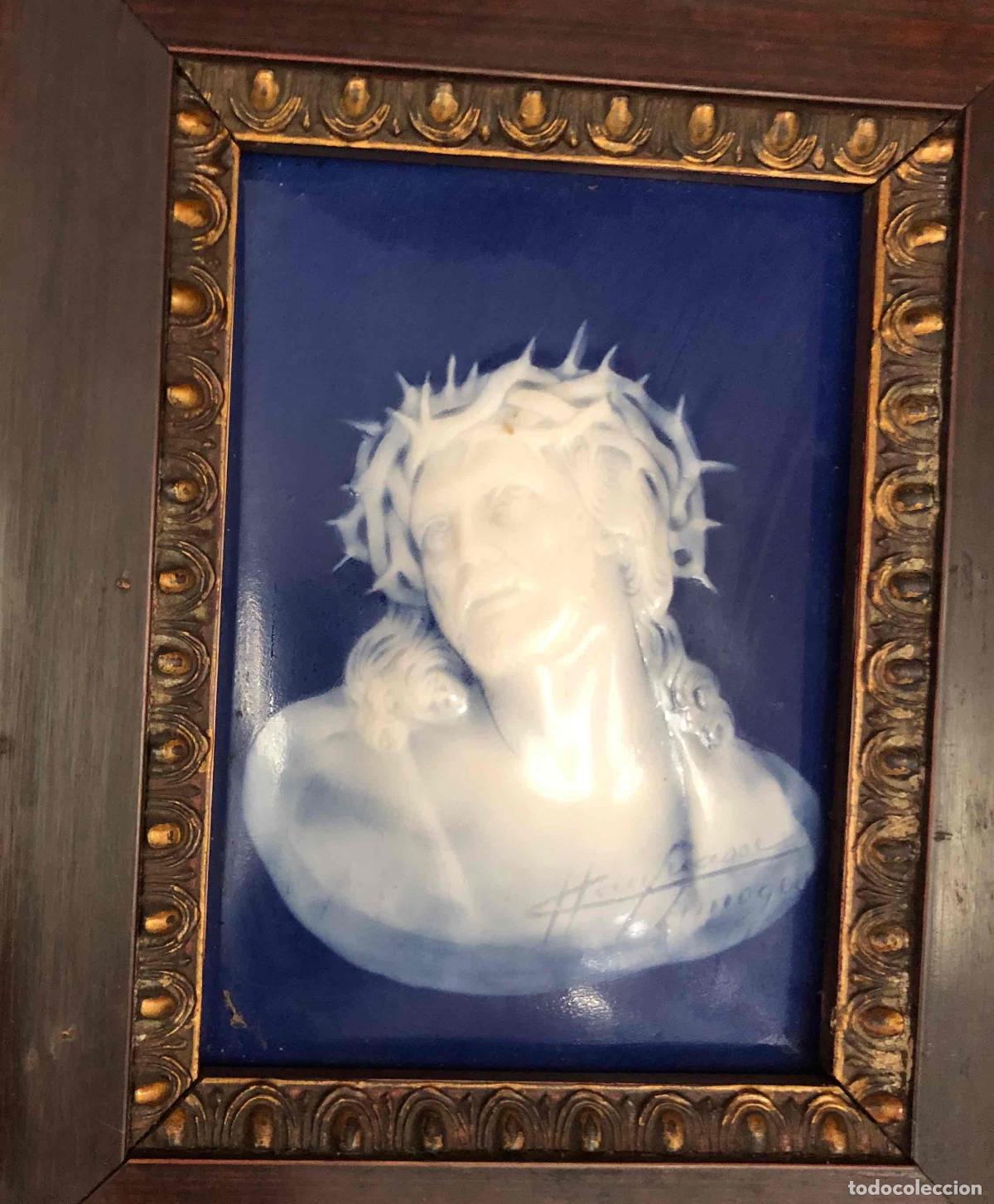 Antig&uuml;edades: RELIEVE ESCULTORICO CRISTO CON CORONA DE ESPINAS REALIZADO EN ESMALTE, PORCELANA LIMOGES. FIRMADO