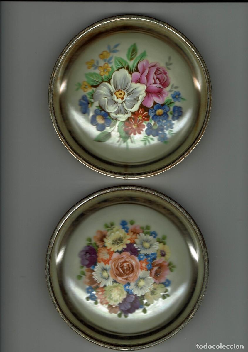 Antig&uuml;edades: 2 Porcelana esmaltes flores / Plaque de plata / Farco Plat