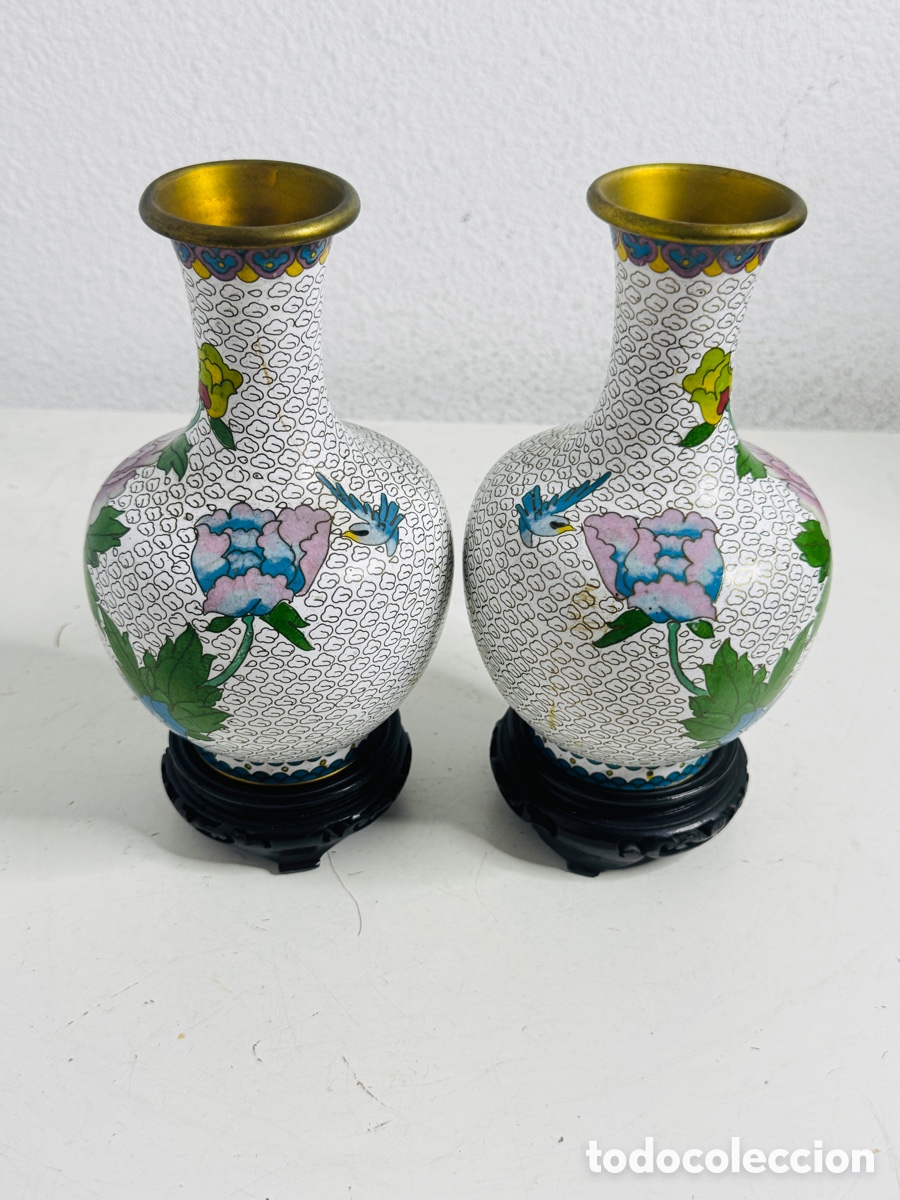 Antig&uuml;edades: Pareja Espejo Antiguos Jarrones Chinos cloisonn&eacute; altura 18 cm