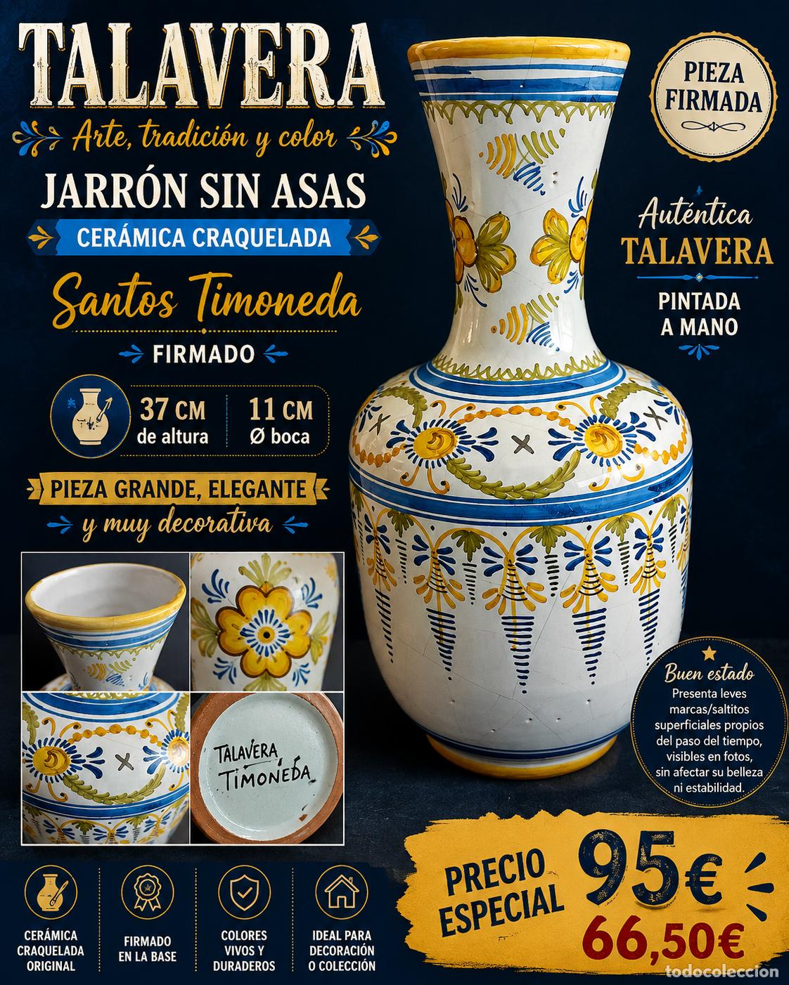 Antig&uuml;edades: TALAVERA | JARR&Oacute;N CER&Aacute;MICA CRAQUELADA | SANTOS TIMONEDA | 37 CM | FIRMADO