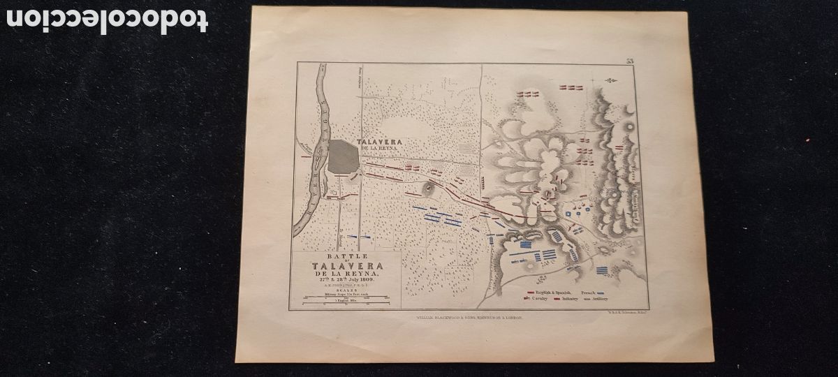 Antig&uuml;edades: Plano de la batalla de Talavera de la Reina 27-28 Julio 1809 con la distribuci&oacute;n de los ejercitos