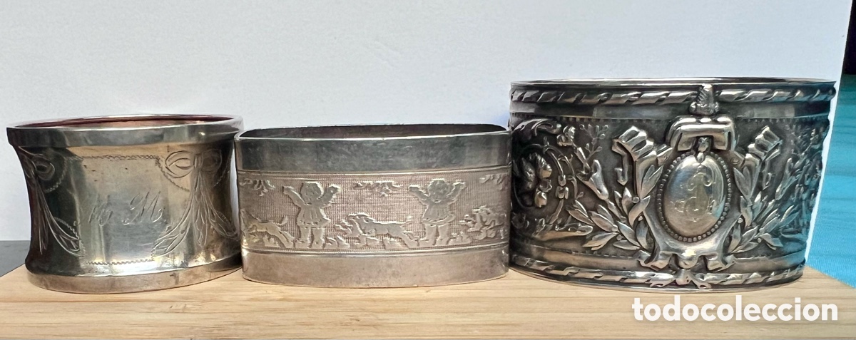 Antig&uuml;edades: Lote de 3 Servilleteros Antiguos de Plata Maciza (A&ntilde;os 30-50). Peso 85 gr.