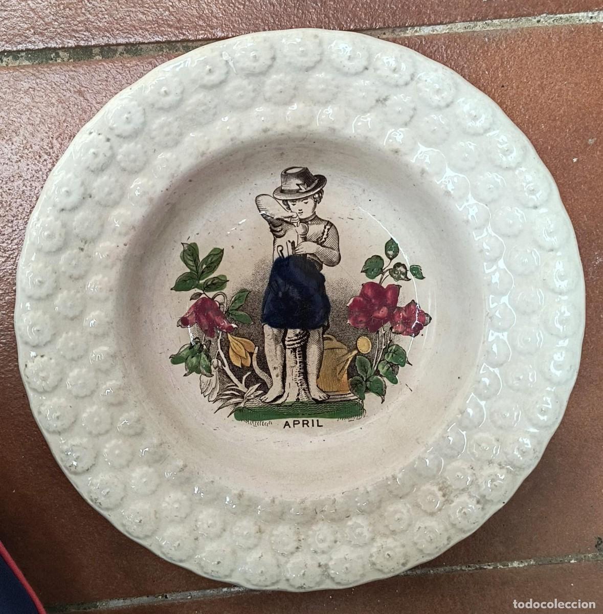 Antig&uuml;edades: PLATO ANTIGUO CON DIBUJO HECHO A MANO - APRIL - LA FAVORITA - INGLES - TP