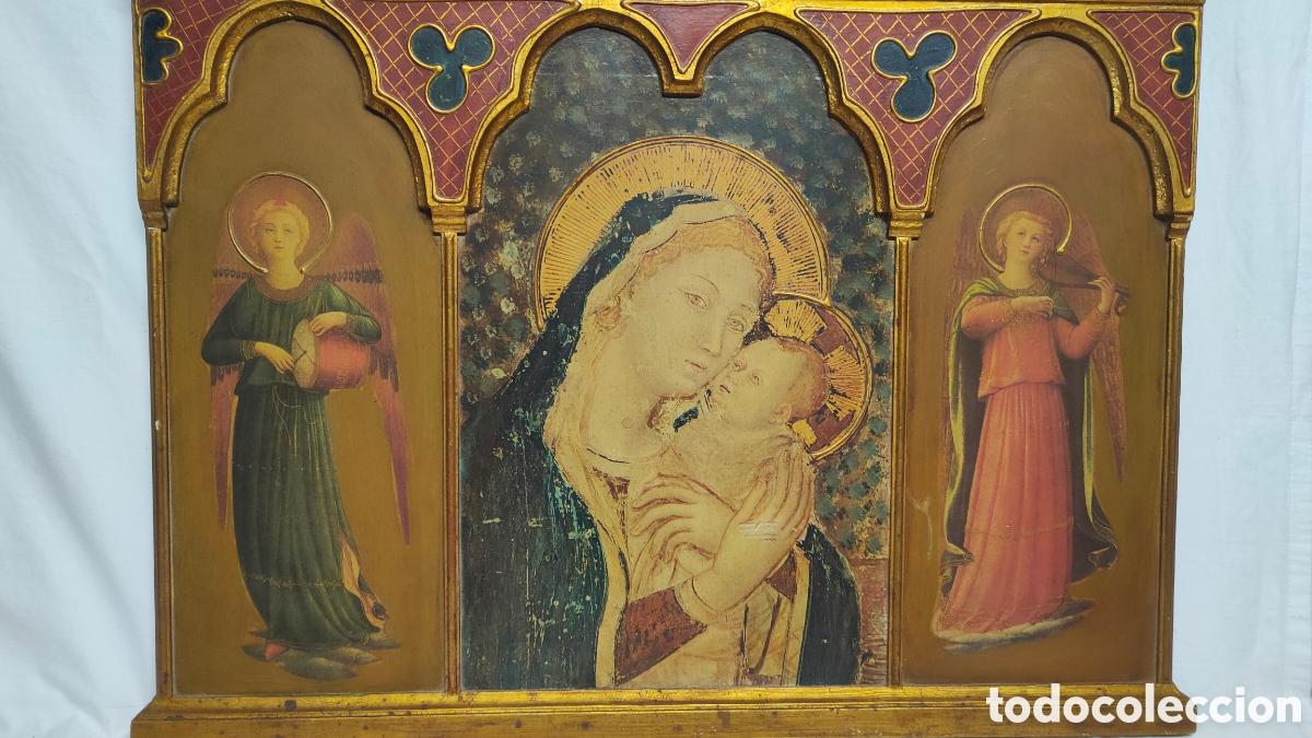 Antig&uuml;edades: RETABLO.TRIPTICO DE MADERA.ICONOGRAFIA RELIGIOSA MEDIAVAL.VIRGEN MARIA CON NI&Ntilde;O Y ANGELES MUSICOS.
