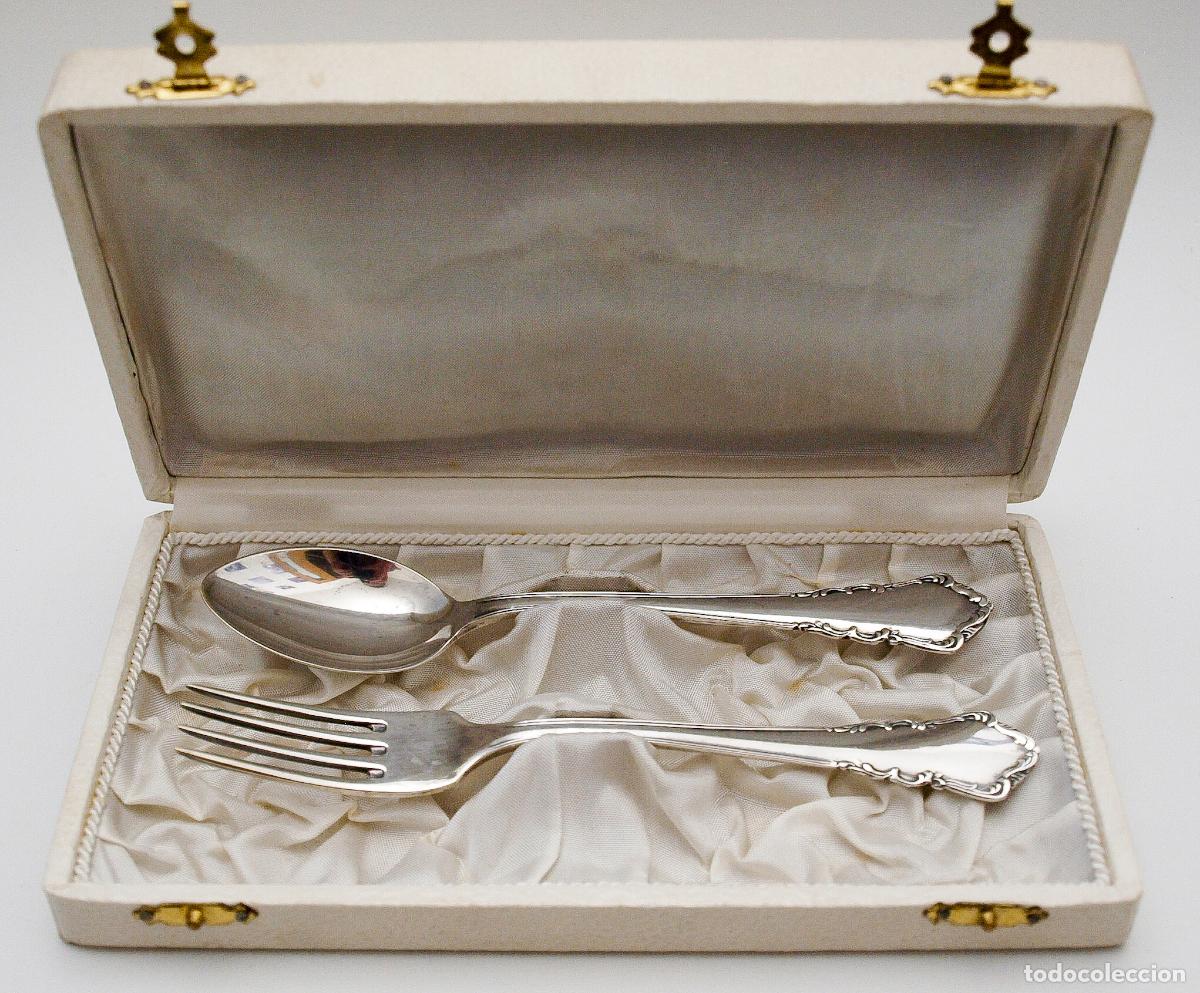 Antig&uuml;edades: CUBIERTOS, CUCHARA Y TENEDOR DE POSTRE DE ALPACA PLATEADA CUNILL. 15 CM LARGO. VER FOTOS Y DESCRIPCI