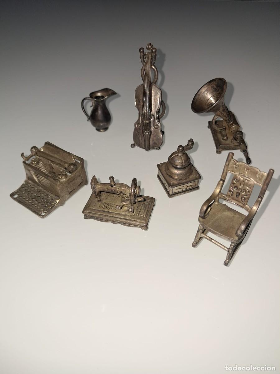 Antig&uuml;edades: Antiguo Lote 7 Miniaturas Metal MEC&Aacute;NICAS Plateado - A&ntilde;os 80 - Escala 1:12 - P&aacute;tina Original