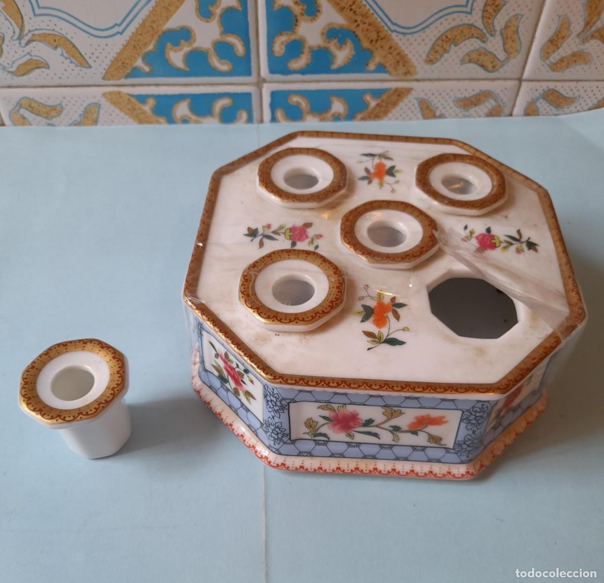 Antig&uuml;edades: Tintero porcelana con 5 Pocillos decoracion flores chinescas
