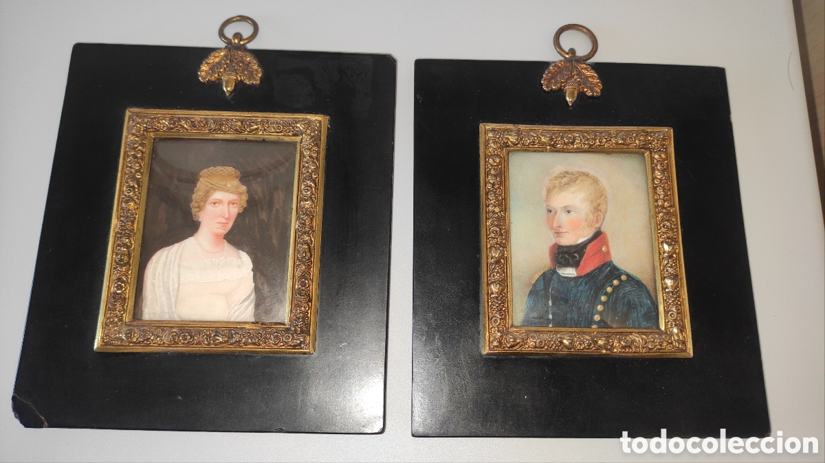 Antig&uuml;edades: Antigua pareja de retratos en miniatura de soldado y dama. Reino unido.principio de 1800