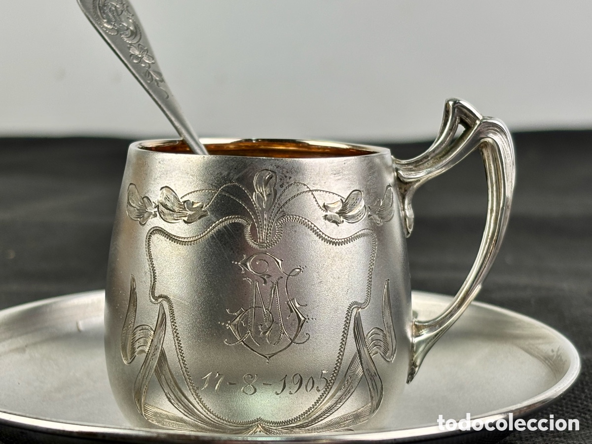 Antig&uuml;edades: CONJUNTO DE PLATA MODERNISTA - TAZA, PLATO Y CUCHARA, A&Ntilde;O 1905 - ESTUCHE EL REGULADOR
