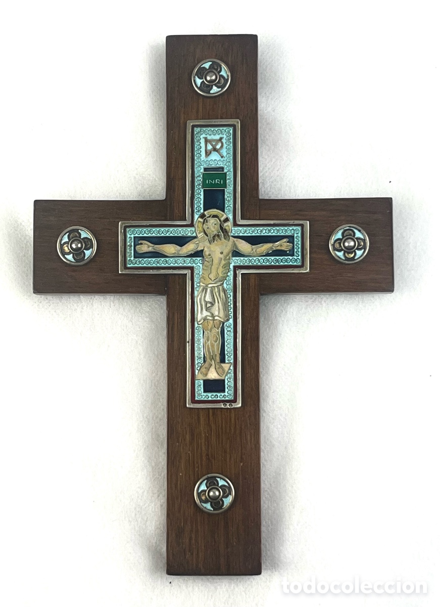 Antig&uuml;edades: CRISTO DE PLATA Y ESMALTE - MASRIERA I CARRERAS - CRUZ DE CAOBA
