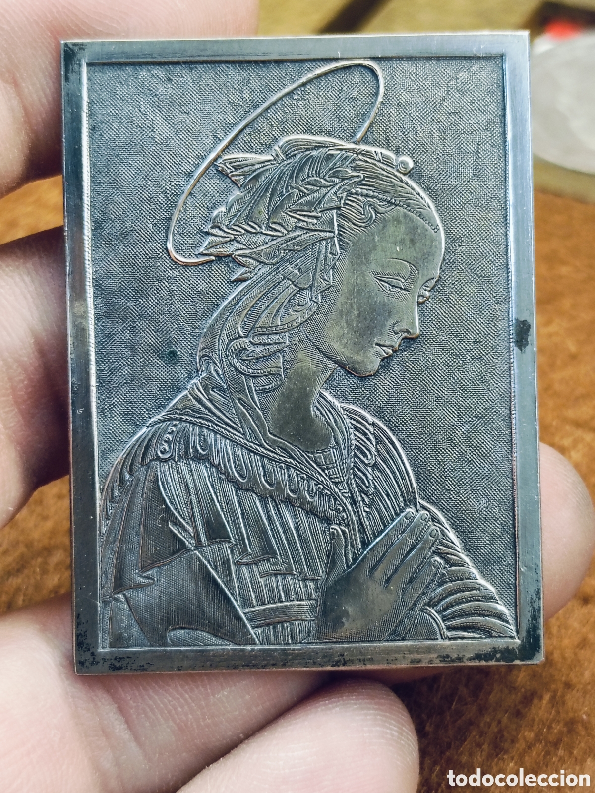 Antig&uuml;edades: PLACA VIRGEN MARIA . ITALIANA REALIZADA EN PLATA 800 . GRABADO A MANO . 5 &times; 3,7 CM