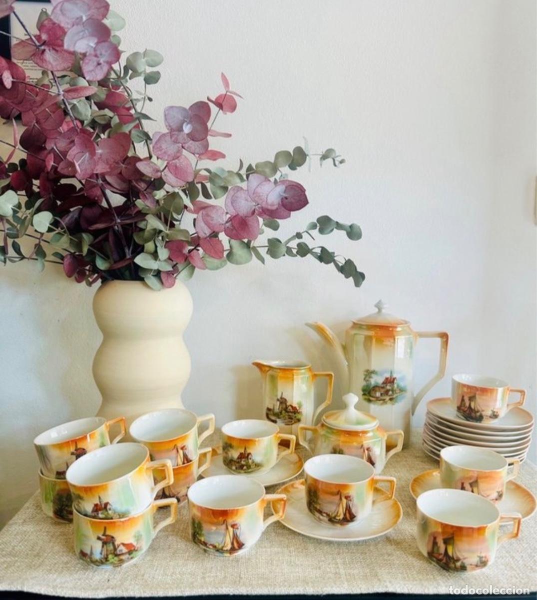 Antig&uuml;edades: Juego de caf&eacute; completo &middot; Porcelana l&uacute;ster iridiscente &middot; Art D&eacute;co c. 1920&ndash;1940