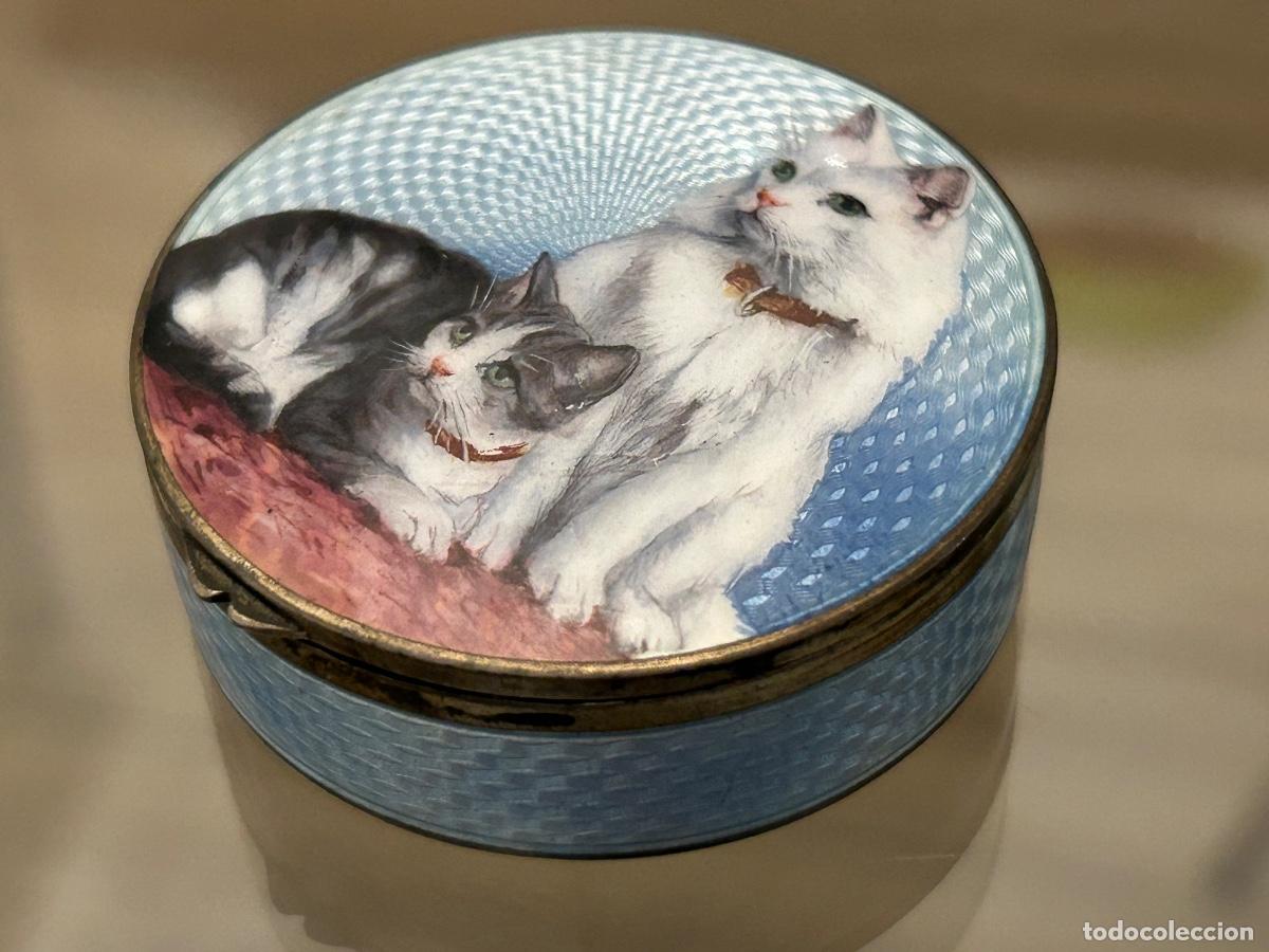 Antig&uuml;edades: Antigua caja de plata y esmalte guilloche gatitos