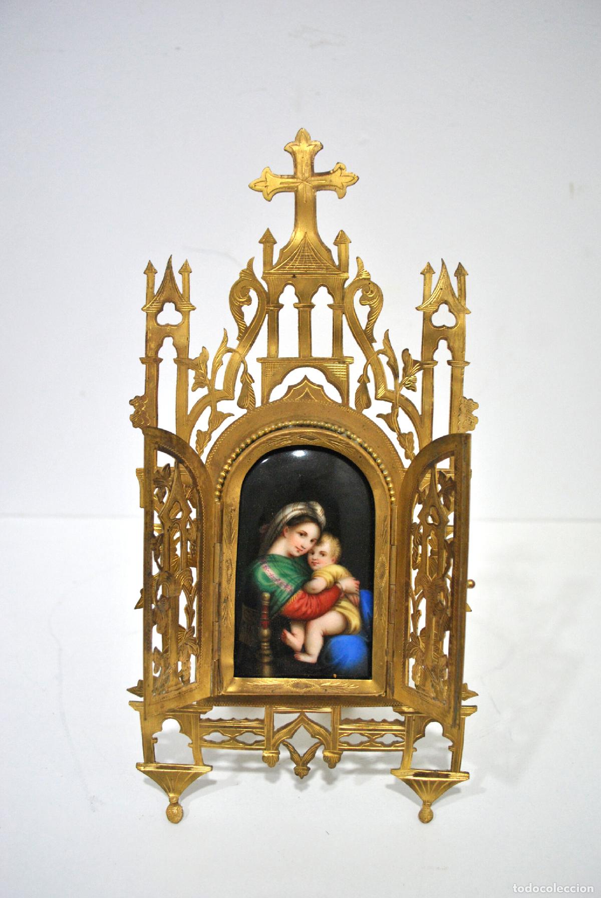 Antig&uuml;edades: Retablo capilla bronce y esmalte Virgen - Foto 2