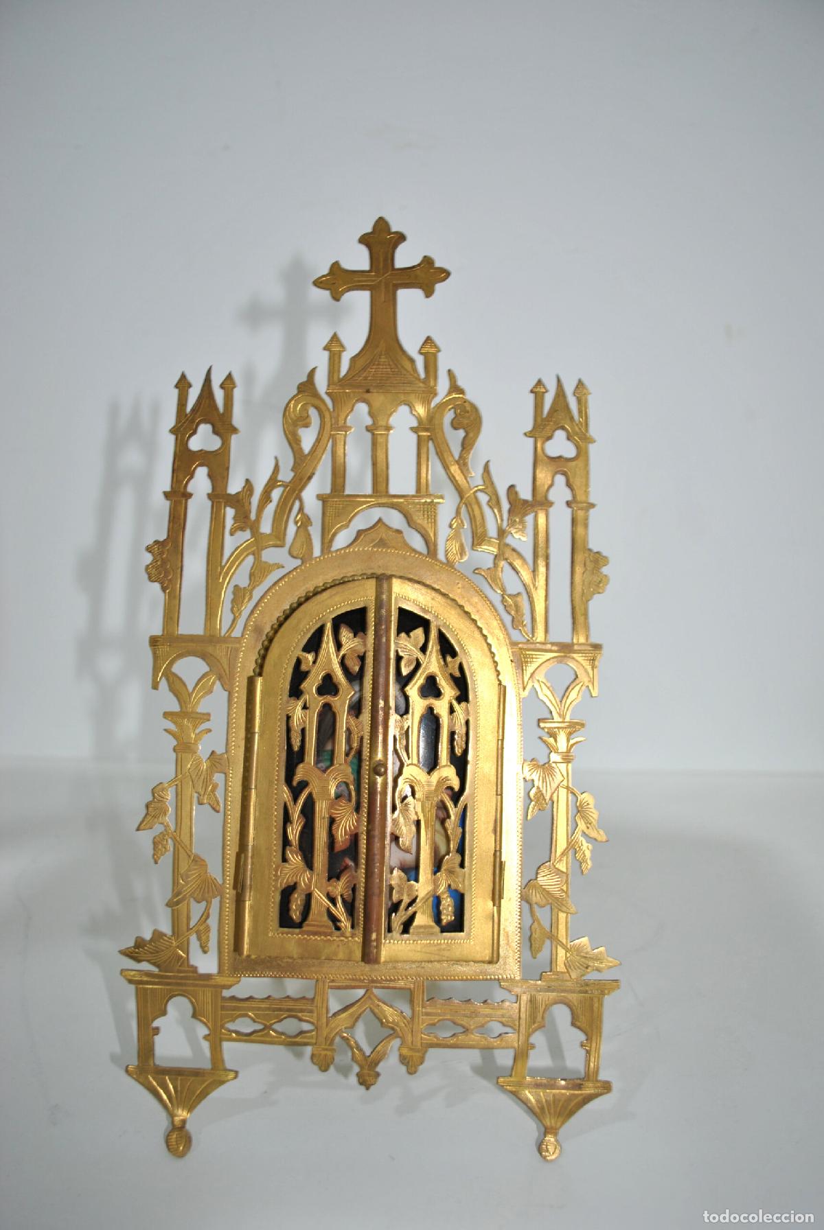 Antig&uuml;edades: Retablo capilla bronce y esmalte Virgen - Foto 3