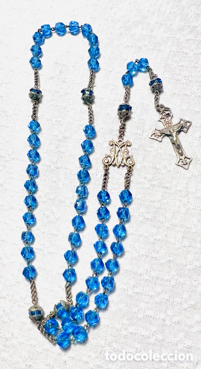 Antig&uuml;edades: Rosario Vintage Plateado con cuentas de Cristal Facetado Azul Zafiro (43 cm)