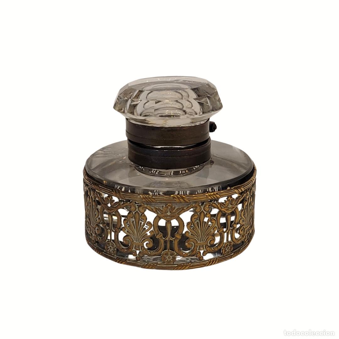 Antig&uuml;edades: Tintero cristal y bronce dorado, Luis XVI / Directorio, p. s. XIX - Francia