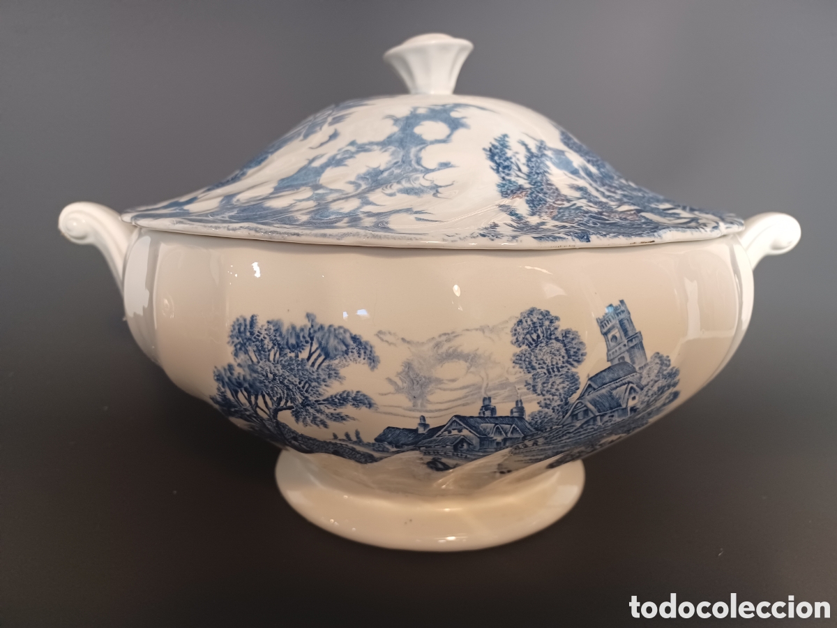 Antig&uuml;edades: Sopera inglesa Ridgway Ironstone &ldquo;Meadowsweet&rdquo; azul cobalto &ndash; Staffordshire vintage A&Ntilde;OS 50-60