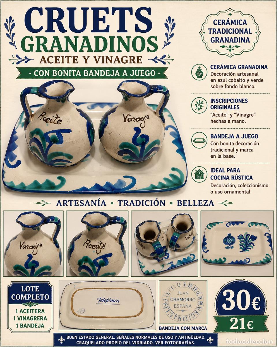 Antiquit&eacute;s: CRUETS GRANADINOS CER&Aacute;MICA FAJALAUZA | ACEITE Y VINAGRE | BANDEJA ORIGINAL | LOTE COMPLETO