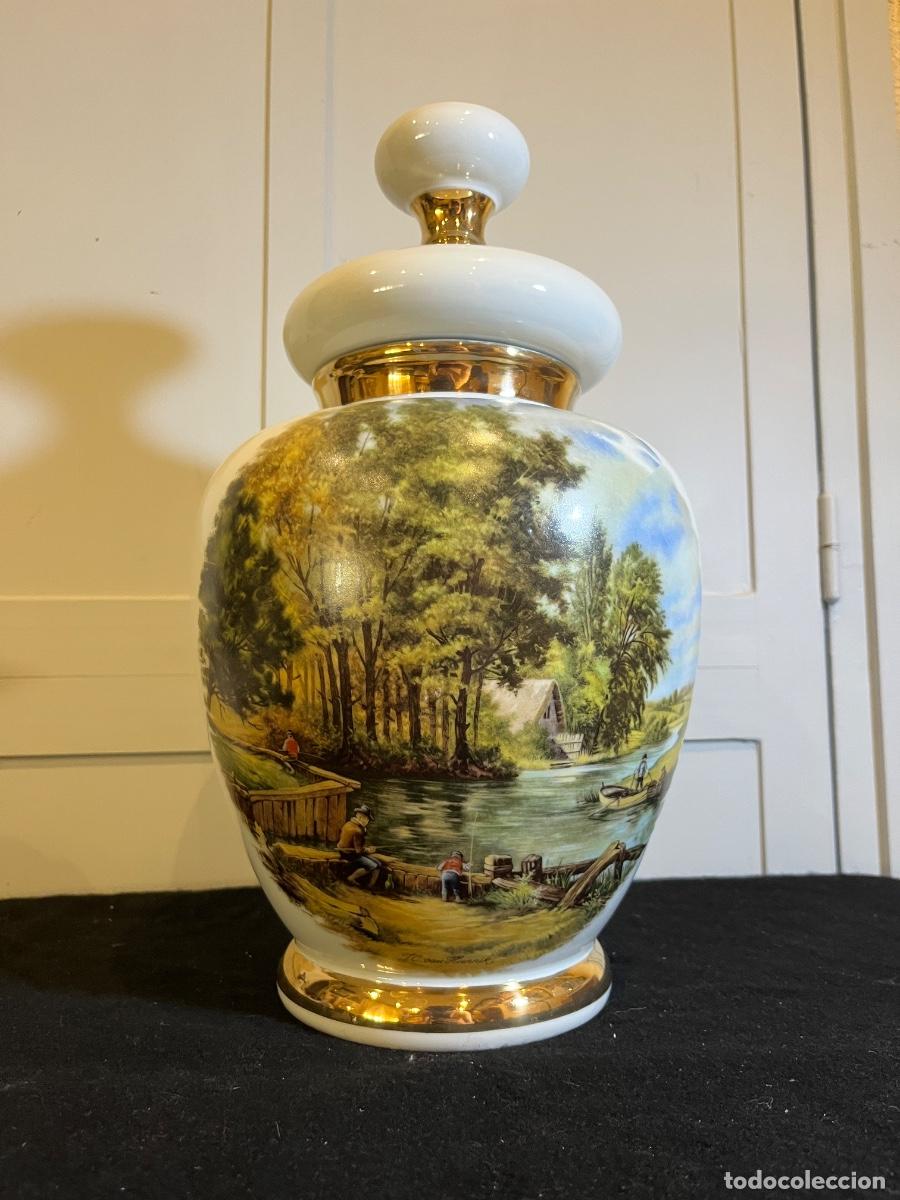 Antig&uuml;edades: Gran Tibor Porcelana M&B Made Spain Vintage 41cm Con Tapa Paisaje Pesca Dorado