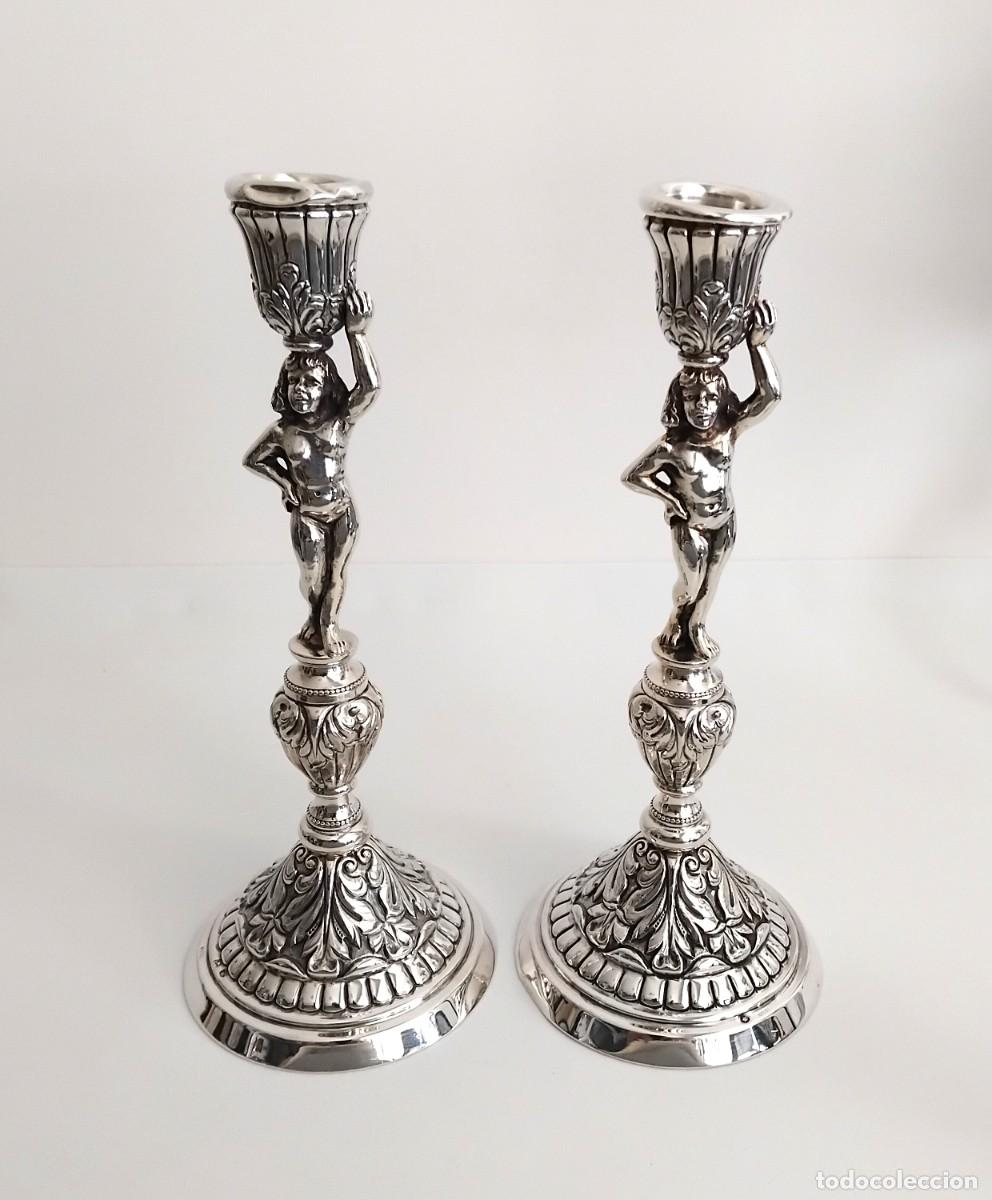 Antig&uuml;edades: 925/1000 Plata. Pareja de candeleros