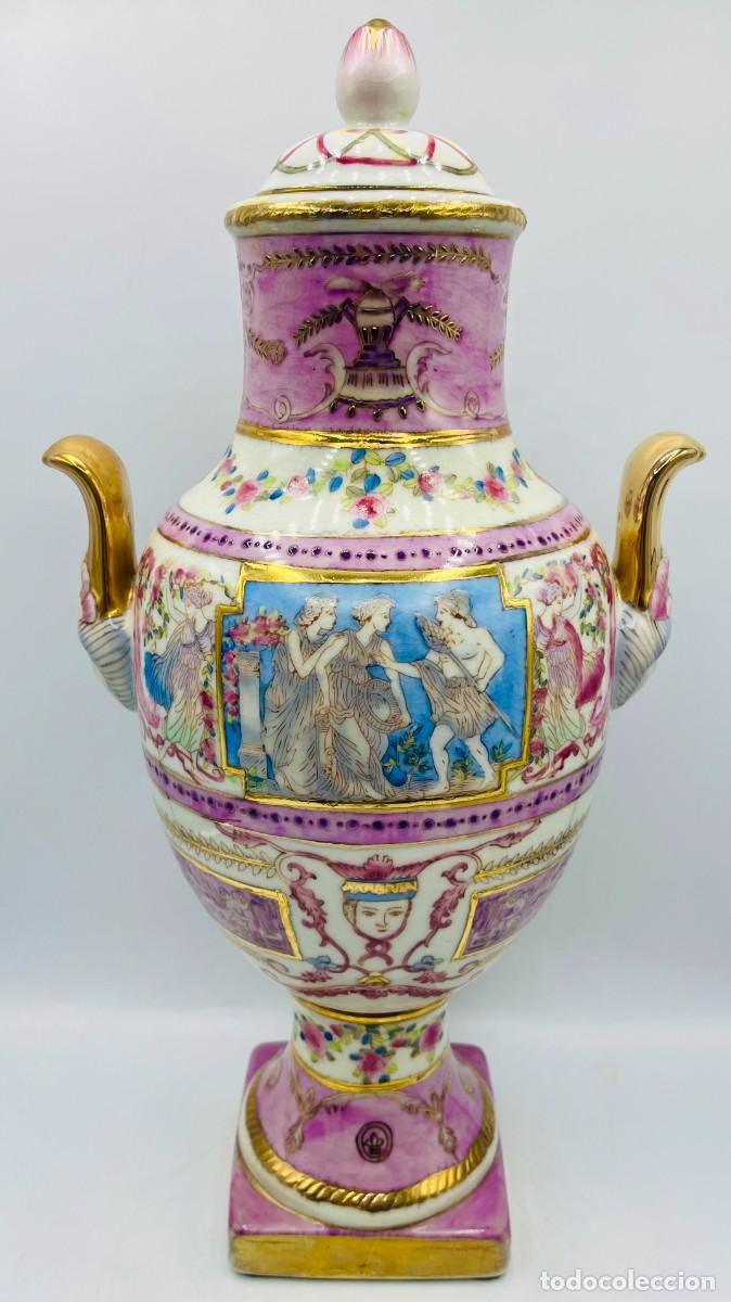 Antig&uuml;edades: Anfora porcelana china estilo S&egrave;vres jarr&oacute;n oriental con tapa dorados escenas mitoligica
