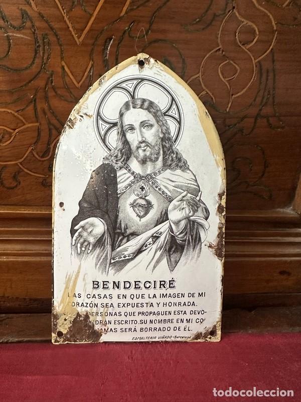 Antig&uuml;edades: BENDECIR&Eacute; - SAGRADO CORAZ&Oacute;N DE JES&Uacute;S PARA LA PUERTA , PLACA DE HIERRO ESMALTADO