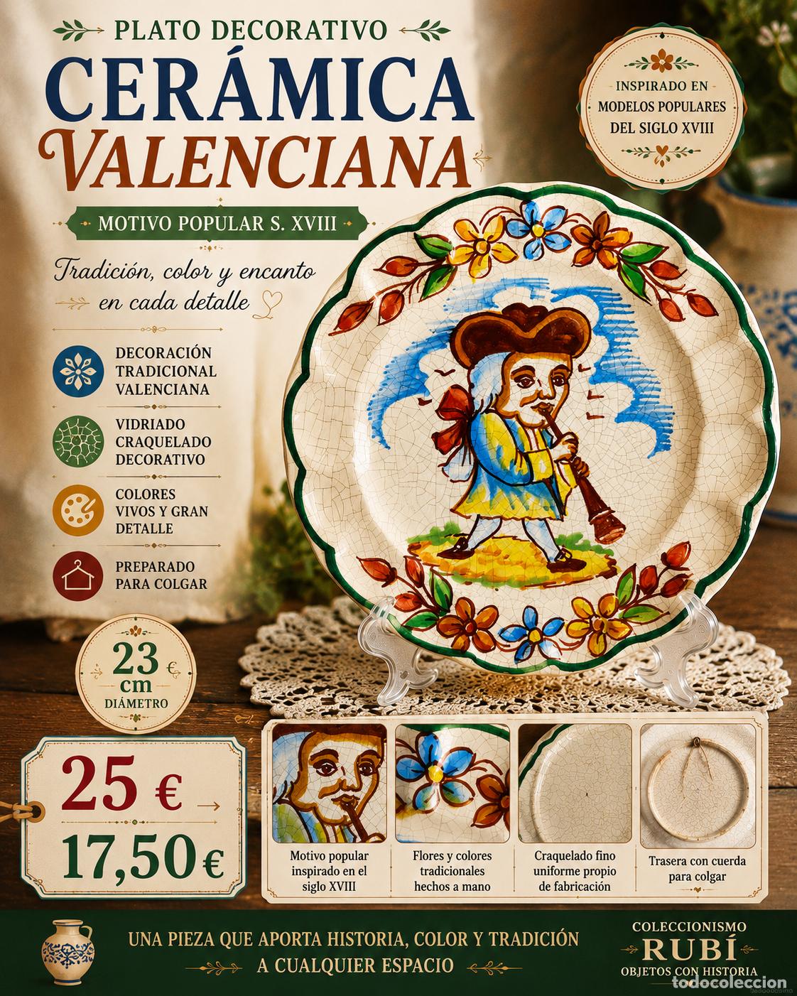 Antig&uuml;edades: PLATO DECORATIVO CER&Aacute;MICA VALENCIANA | MOTIVO POPULAR S. XVIII | VIDRIADO CRAQUELADO | 23 CM