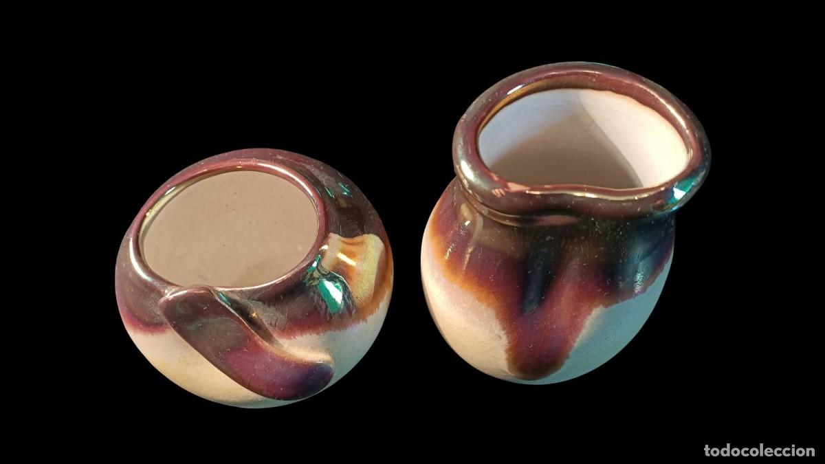 Antiguidades: LOTE DE DOS BOTIJOS MINIATURA EN CER&Aacute;MICA ESMALTADA - REFLEJO MET&Aacute;LICO - VIDRIADO POLICROMO - VINTAG