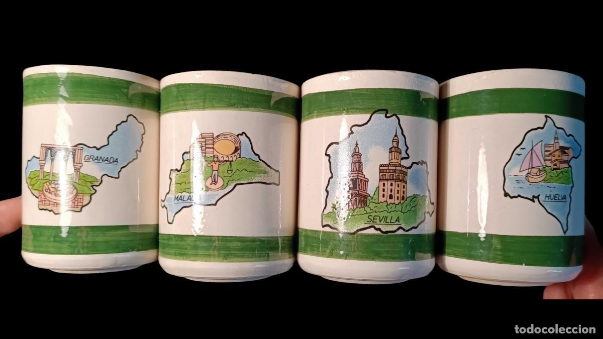 Antiguidades: Antiguos Cuatro Vasos de Porcelana, Pintado a mano Ciudades Andaluzas, Muy Raro