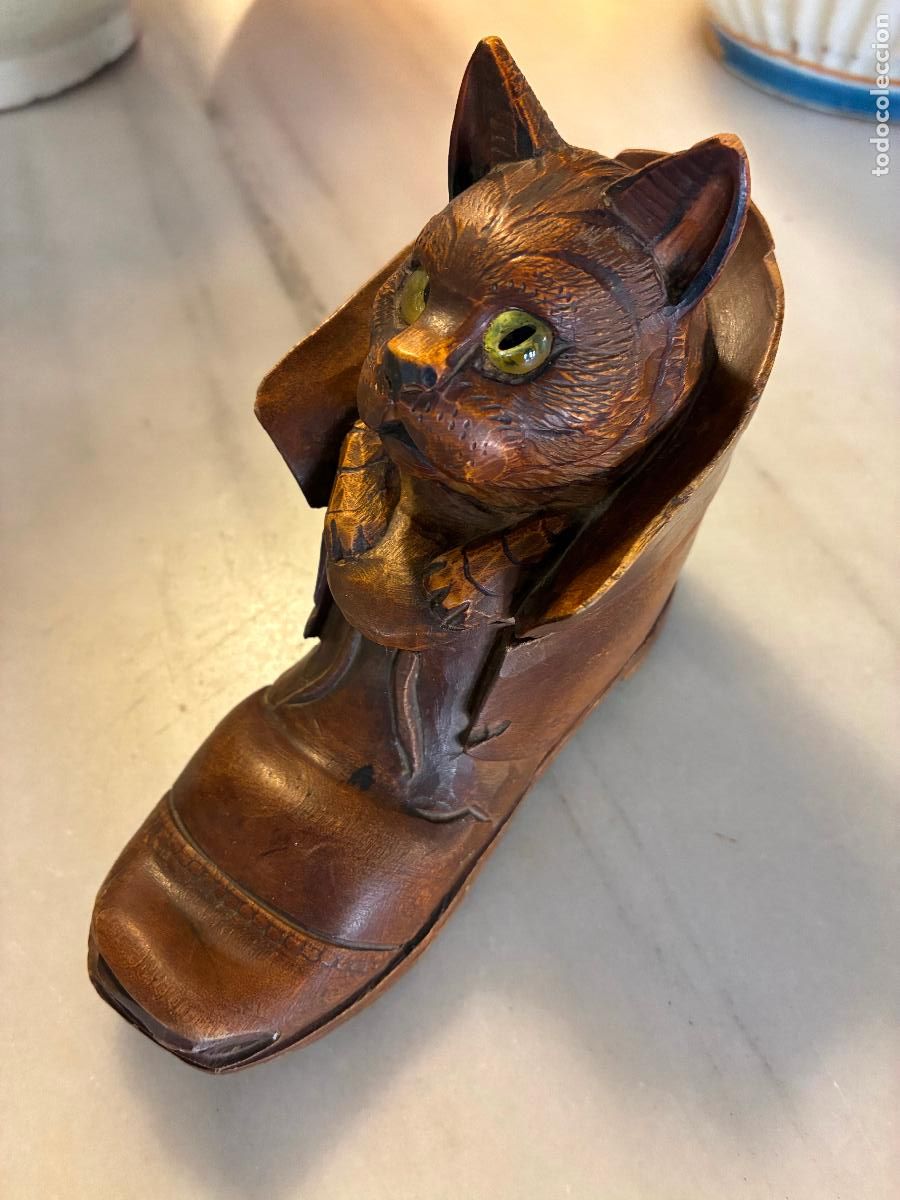 Antig&uuml;edades: tintero escritorio madera cristal black forest selva negra gato en una bota se&ntilde;ales del tiempo y uso